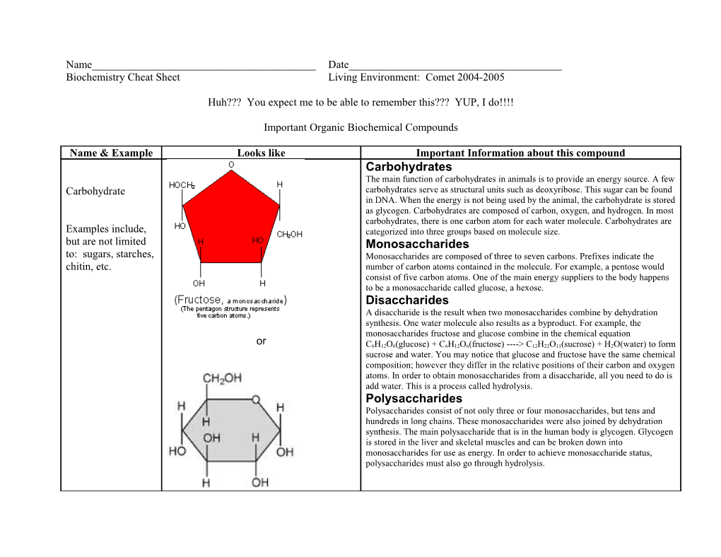 Biochemistry Cheat Sheet Living Environment: Comet 2004-2005