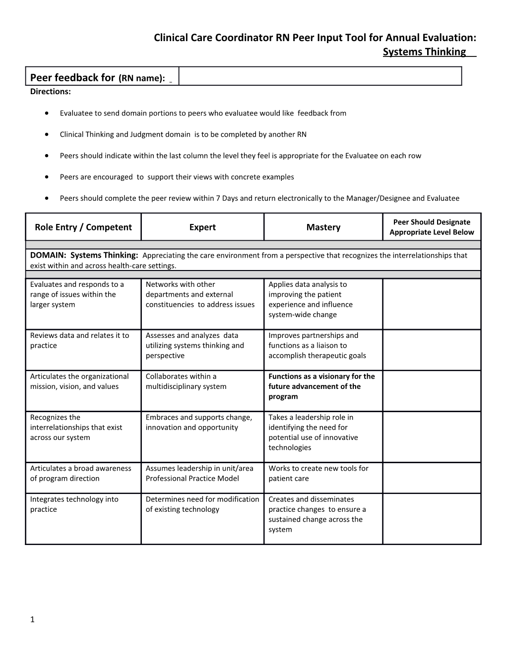 Clinical Care Coordinatorrn Peer Input Tool for Annual Evaluation: Systems Thinking