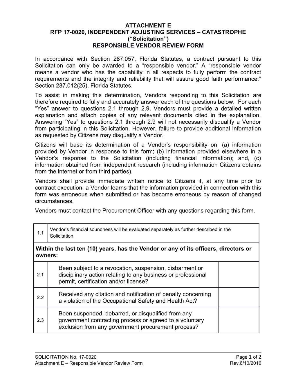 RFP 17-0020, Independent Adjusting Services Catastrophe ( Solicitation )