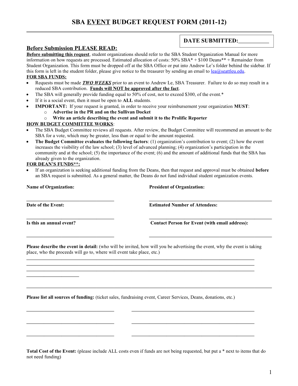2005 2006 Sba Budget Request Form