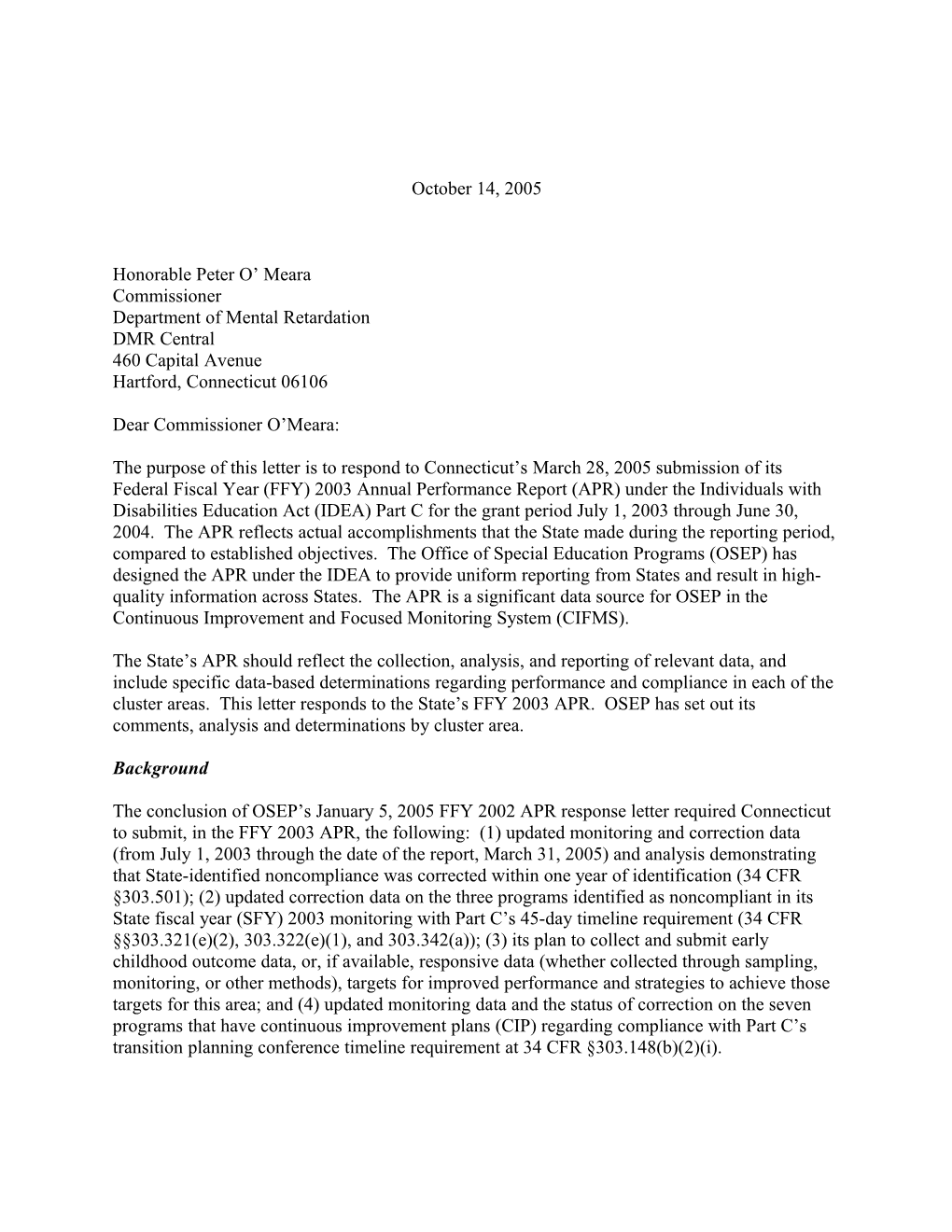 Connecticut Part C APR Letter for Grant Year 2003-2004 (Msword)