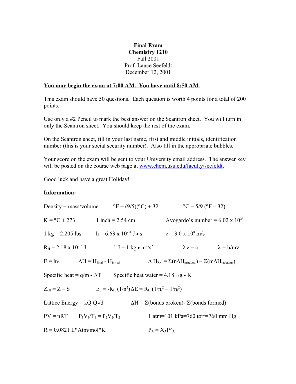 Chem 1210, Final Exam, Fall 2001