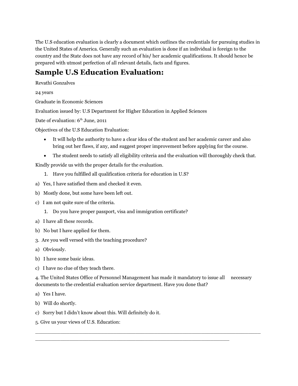 Sample U.S Education Evaluation