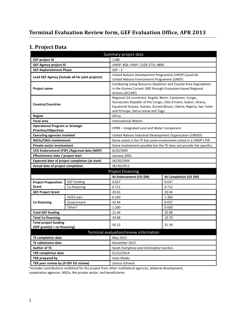 Terminal Evaluation Review Form, GEF Evaluation Office, APR 2013