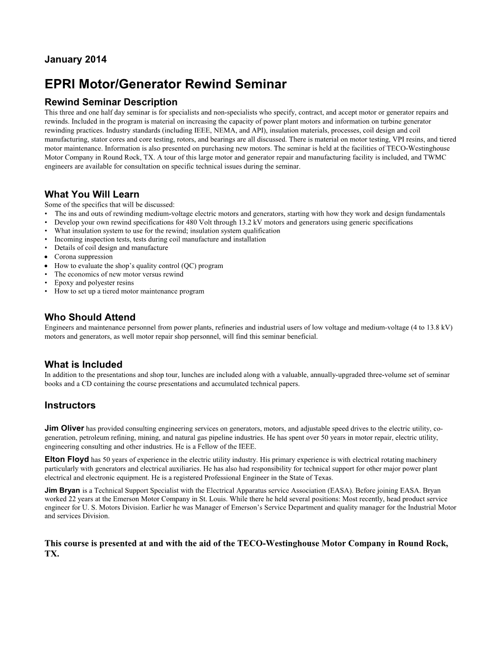 EPRI Motor/Generator Rewind Seminar