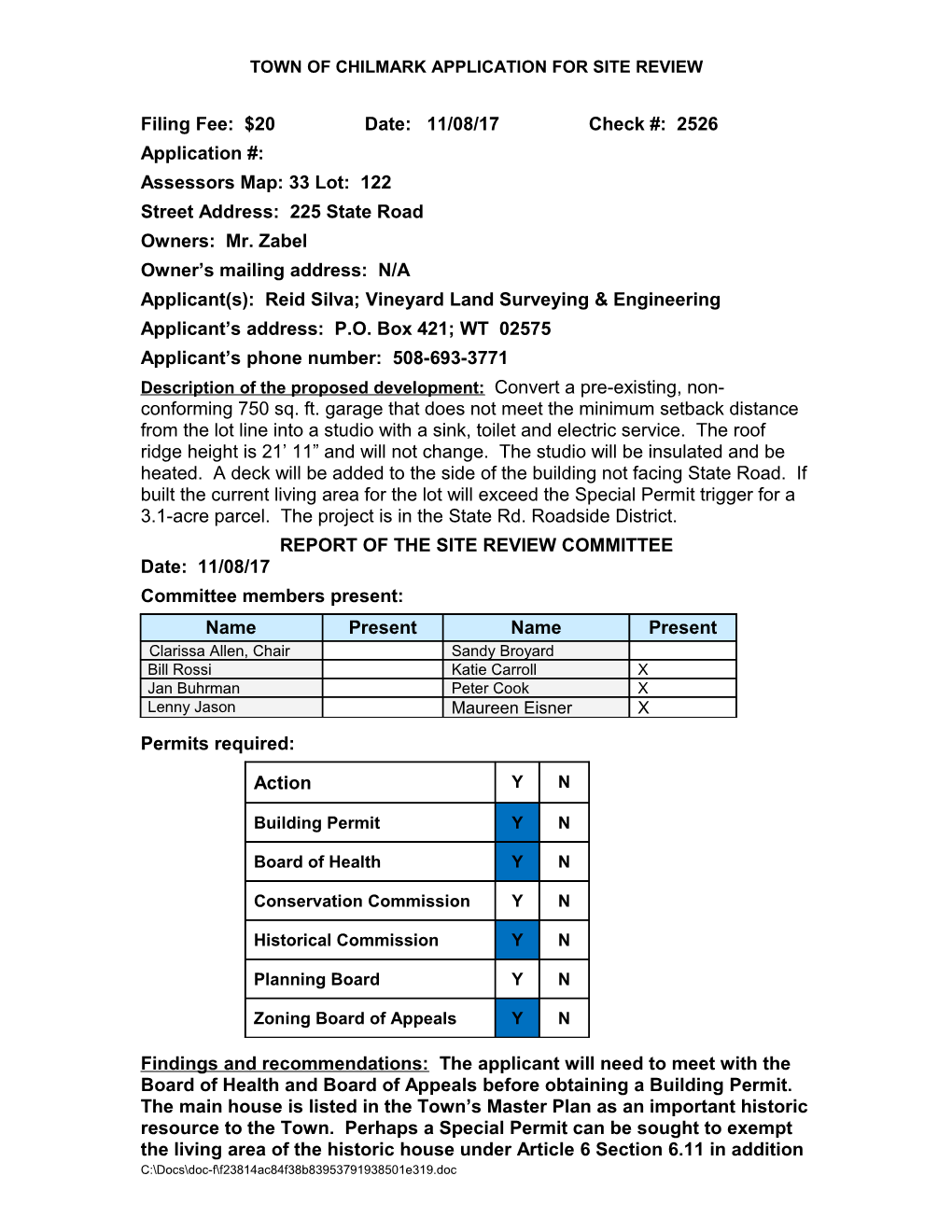 Town of Chilmark Application for Site Review