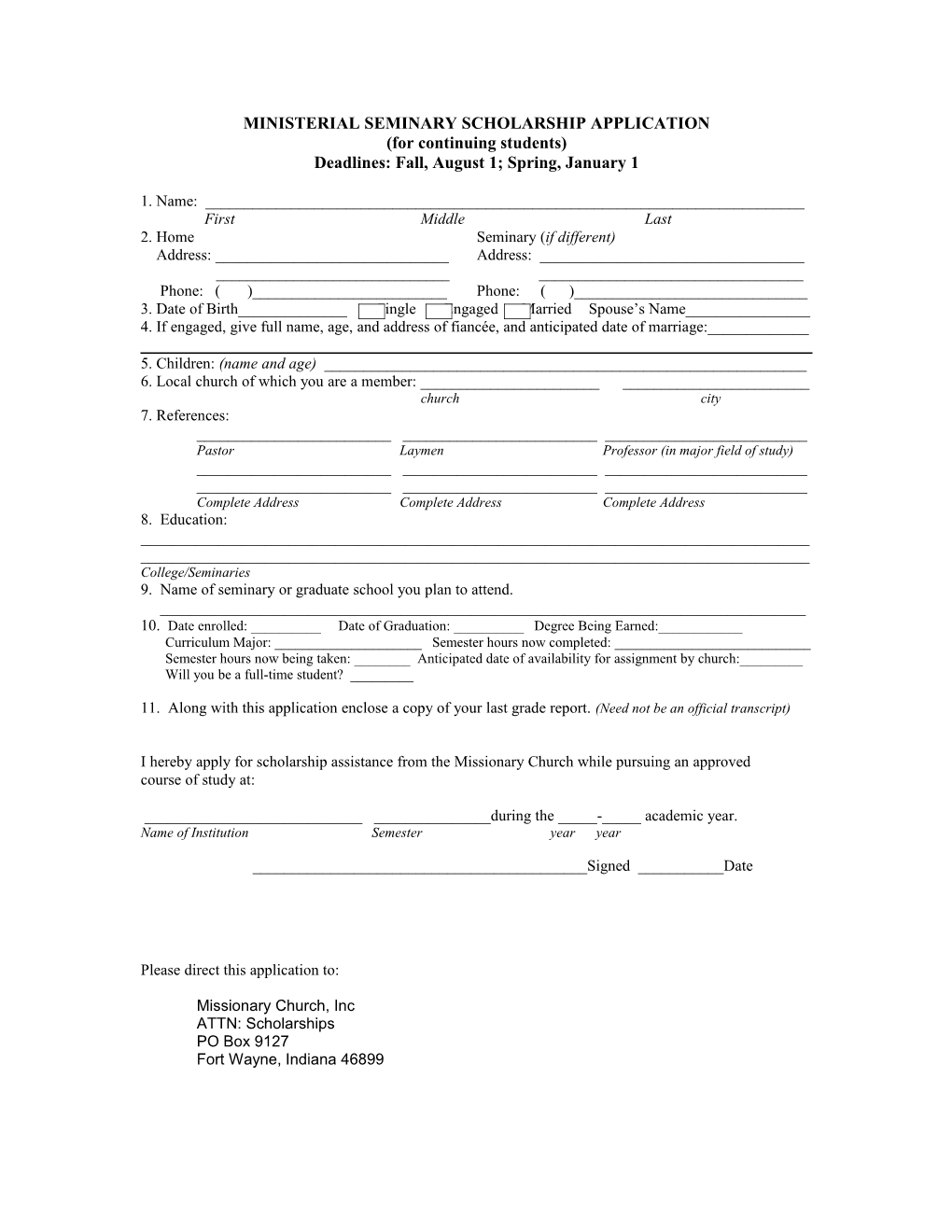 Inisterial Scholarship Application