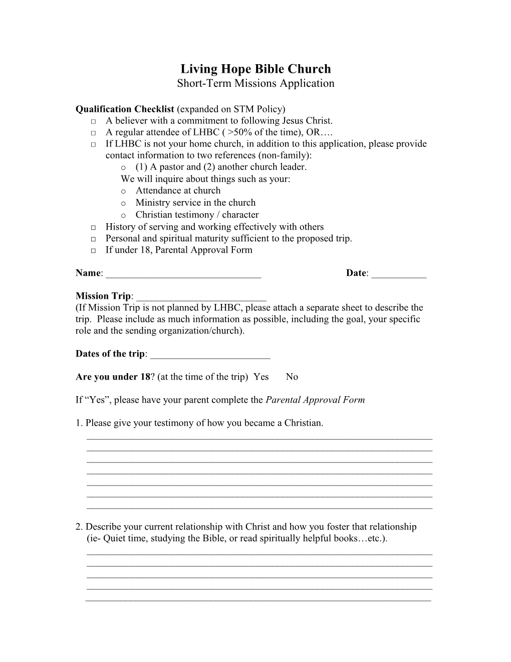 LHBC Short Term Missions Trip Application