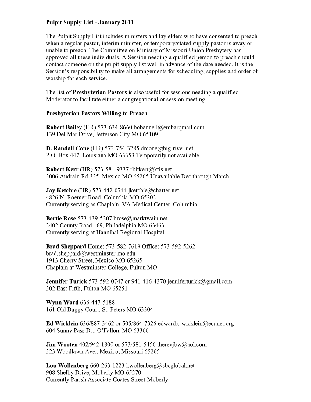 Pulpit Supply List - January 2011
