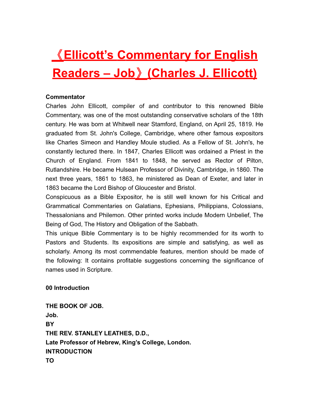 Ellicott S Commentary for English Readers Job (Charles J. Ellicott)