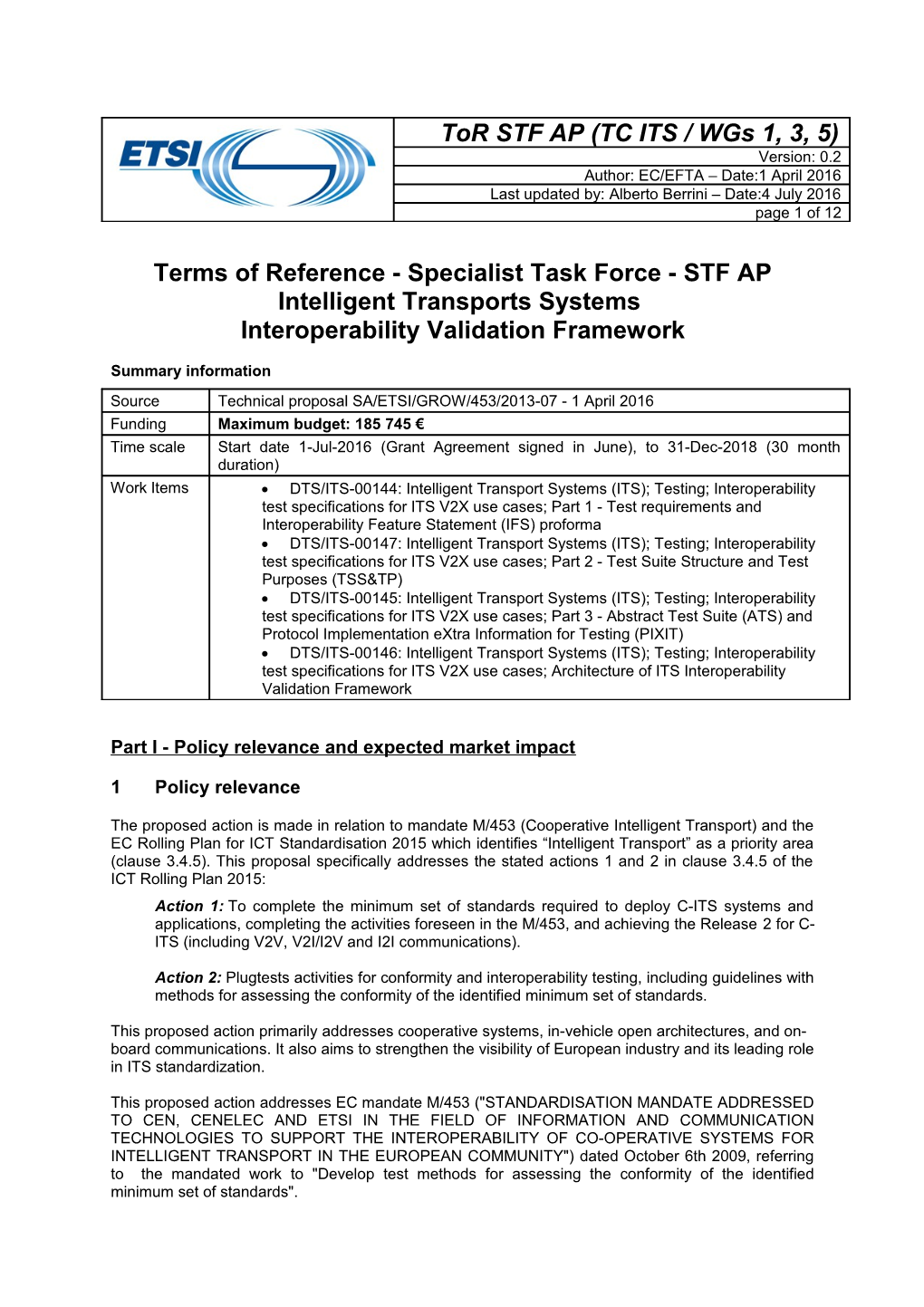 Terms of Reference - Specialist Task Force - STF AP Intelligent Transports Systems