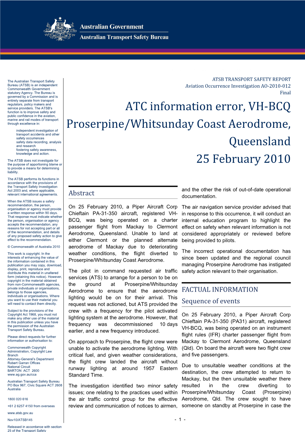 ATC Information Error, VH-BCQ Proserpine/Whitsunday Coast Aerodrome, Queensland 25 February 2010