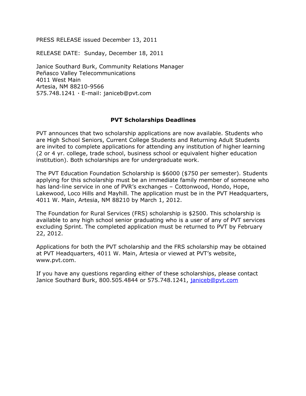 PRESS RELEASE Issued December 13, 2011