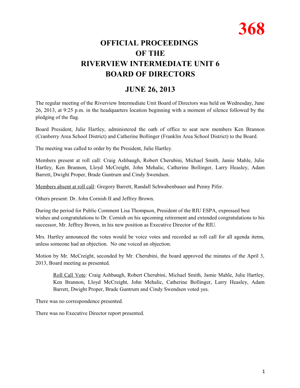 Official Proceedings of the Riverview Intermediate Unit 6 Board of Directors