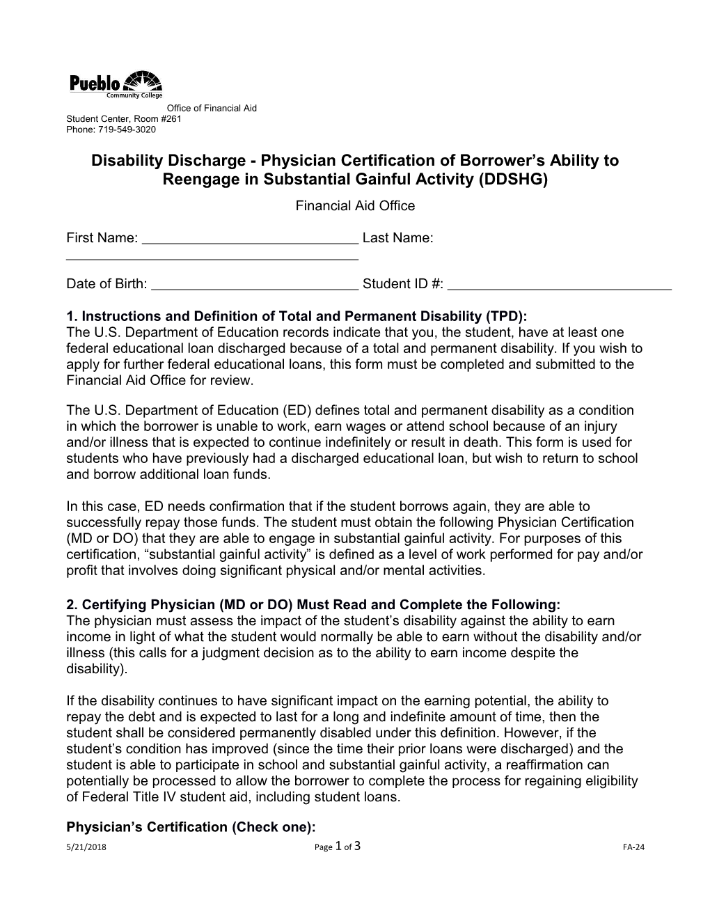 Disability Discharge - Physician Certification of Borrower S Ability To
