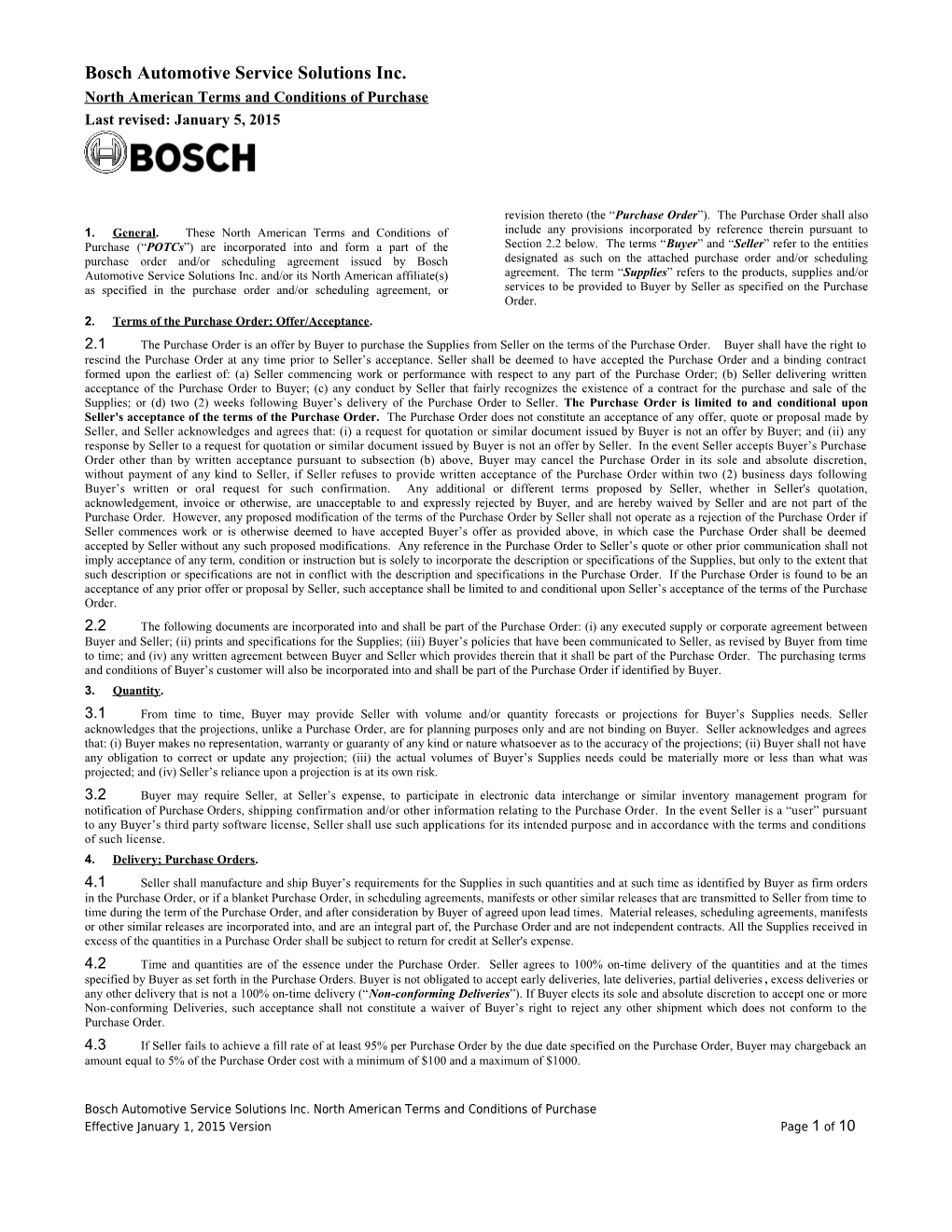 Bosch Automotive Service Solutions Inc. North American Terms and Conditions of Purchase