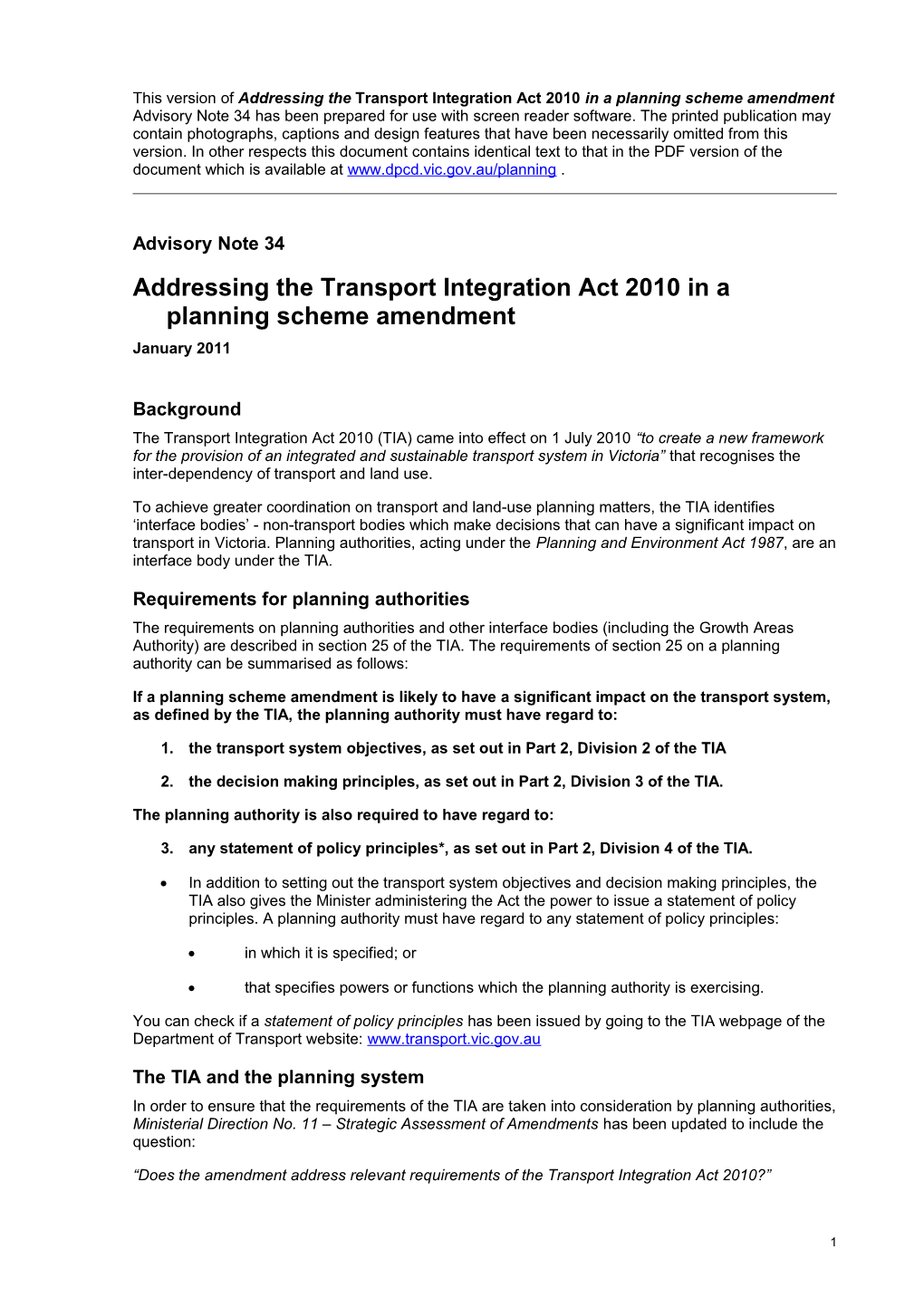 Addressing the Transport Integration Act 2010 in a Planning Scheme Amendment Advisory Note 34