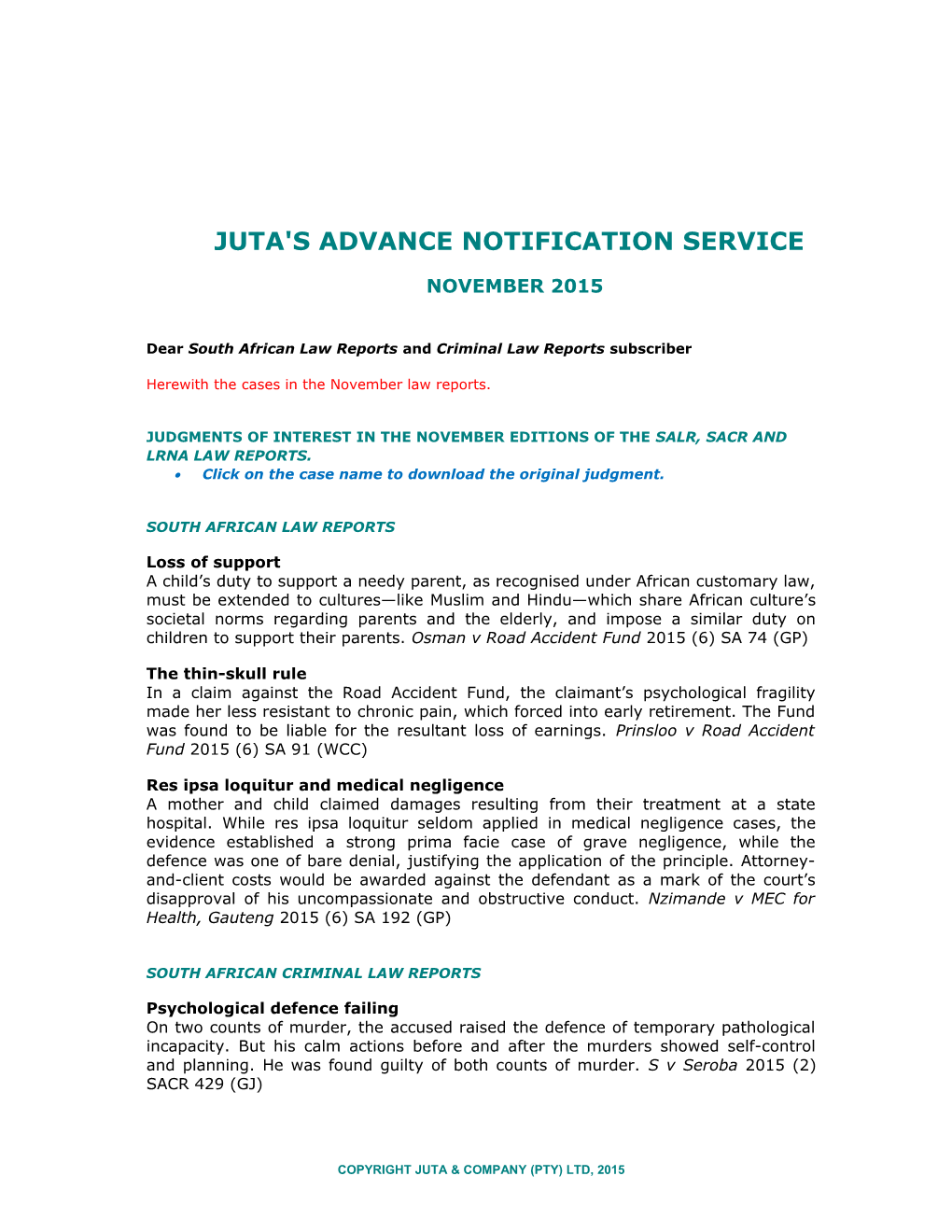 Juta's Advance Notification Service