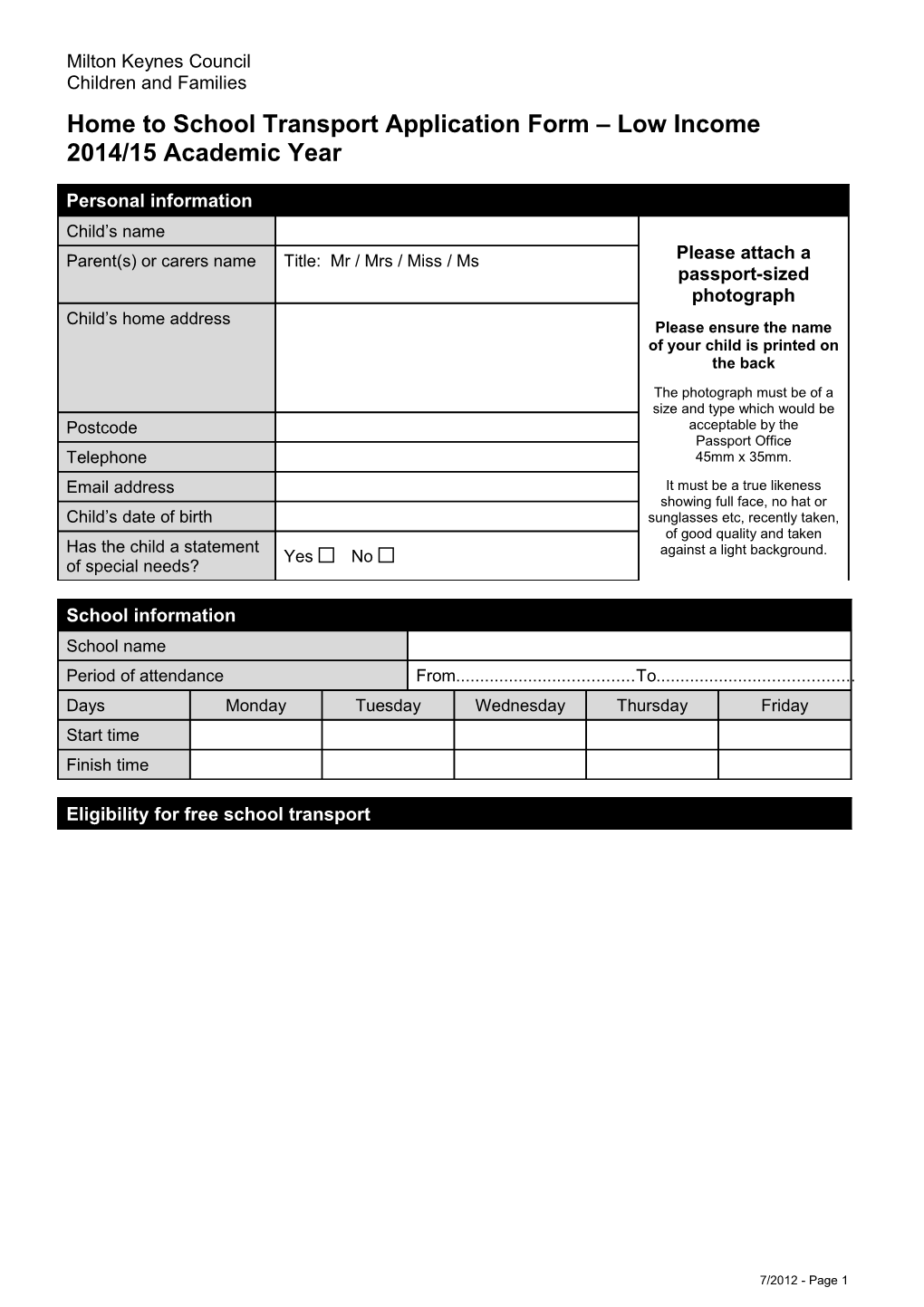 Application Form for Transport for a Young Person Under 16 Years of Age with Special Educational