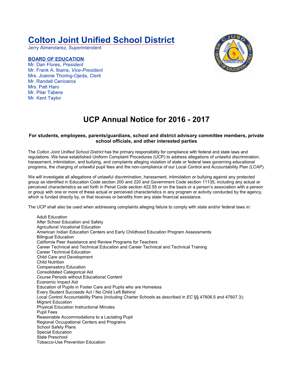 Sample UCP Annual Notice - Uniform Complaint Procedures (CA Dept Of Education)