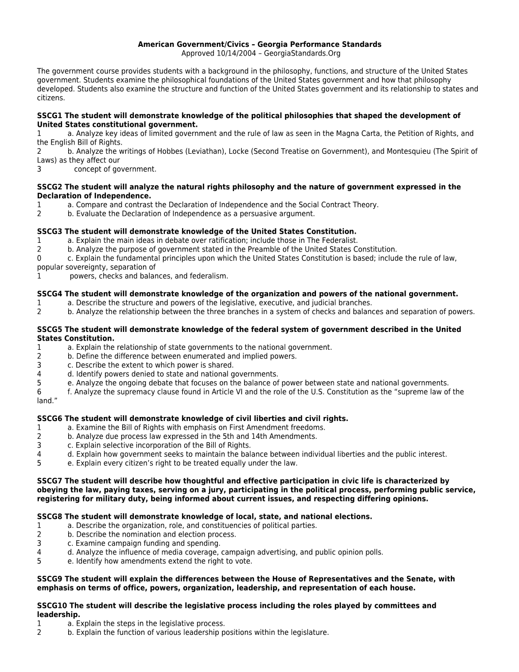 American Government/Civics Approved 10/14/2004 Georgiastandards