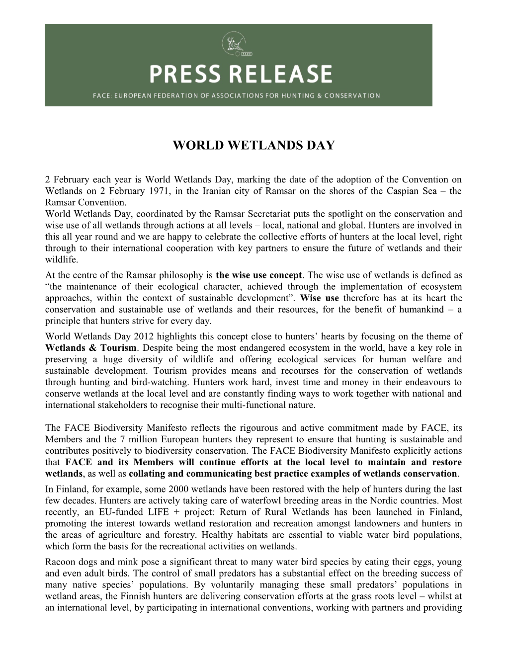 Face Press Release : World Wetlands Day; 02.02.12