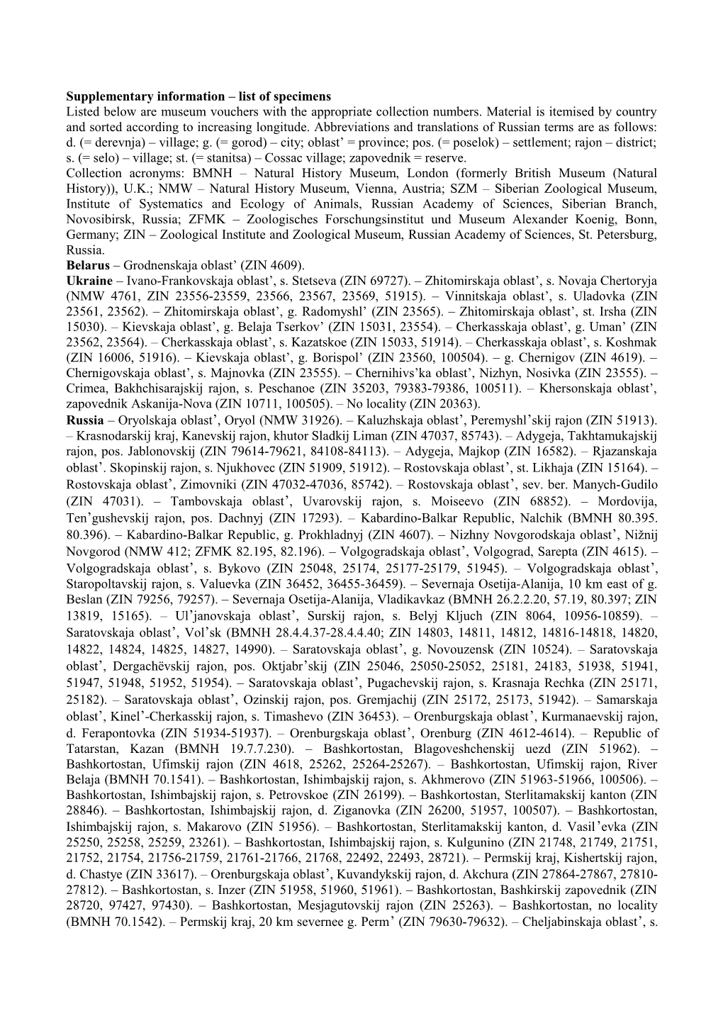 Supplementary Information List of Specimens