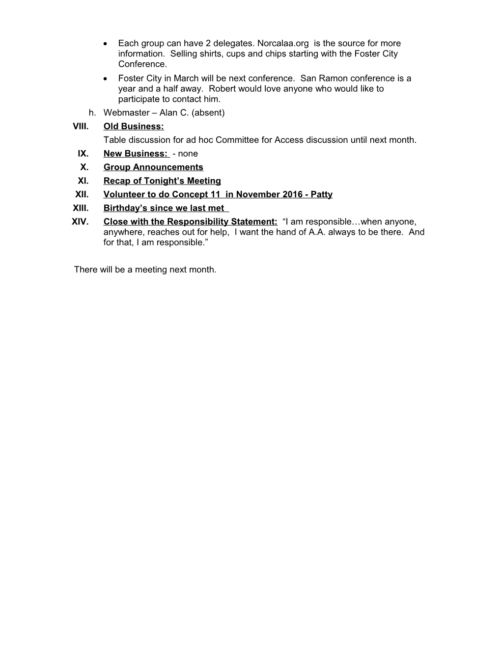 Valley Intergroup Agenda for October 4Th, 2010