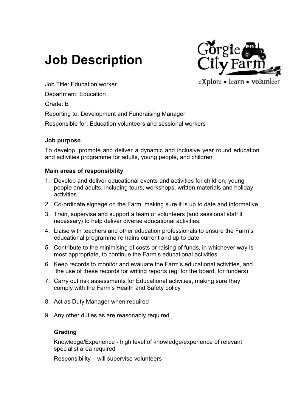 Job Description Gorgie City Farm Catering Assistant