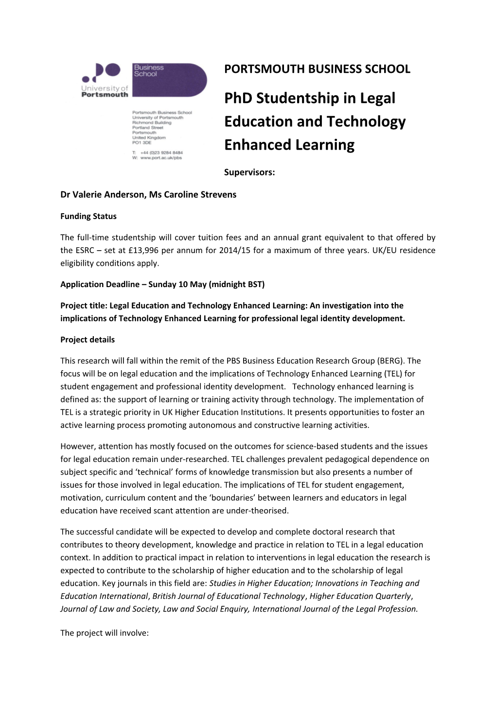 Phd Studentship Inlegal Education and Technology Enhanced Learning