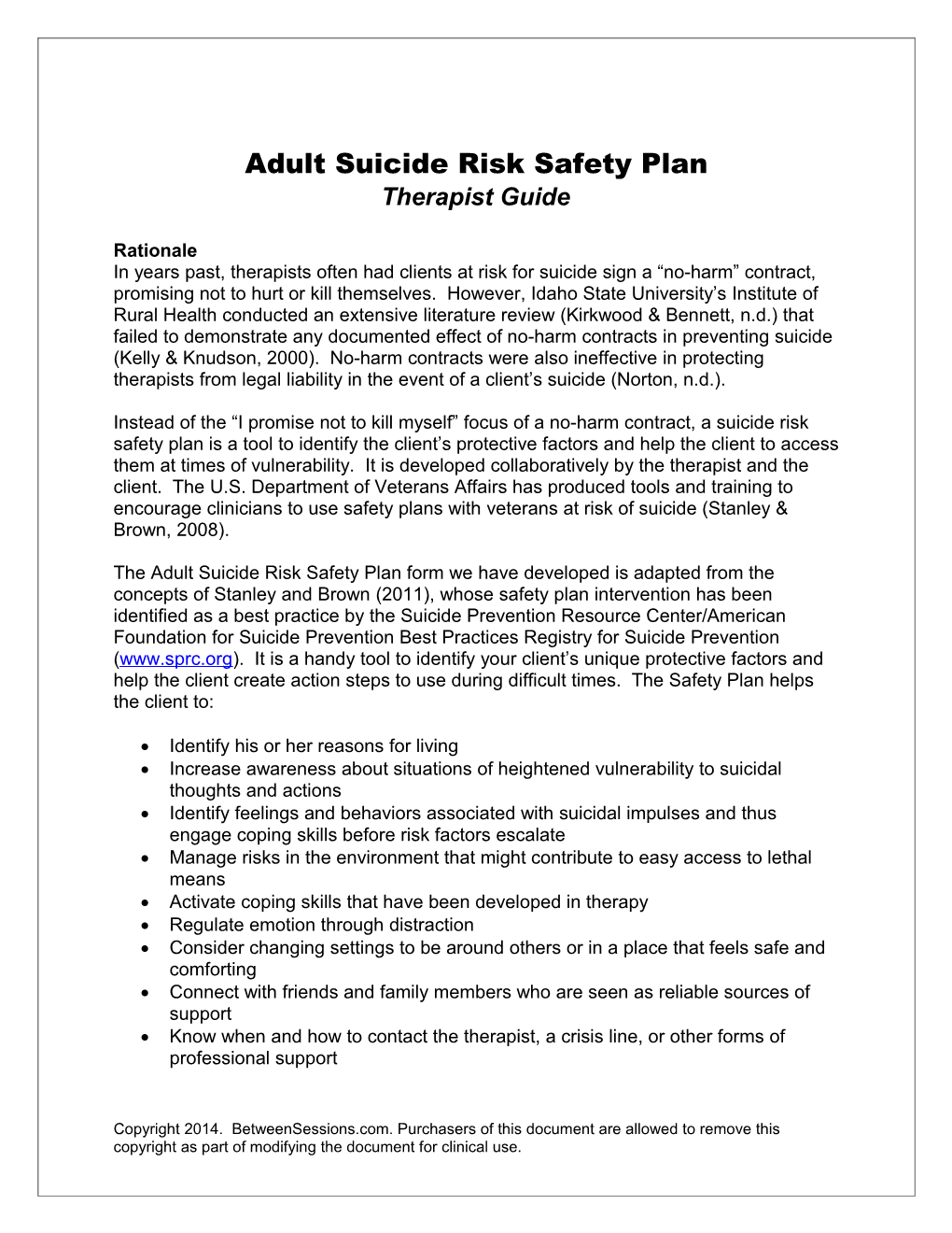 Adult Suicide Risk Safety Plan