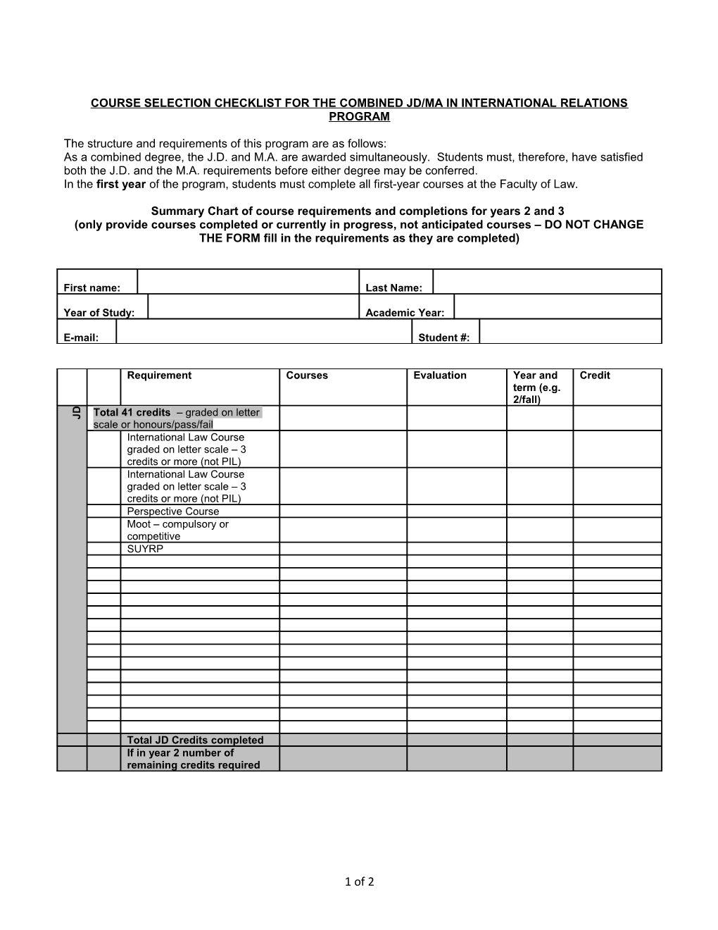 Course Selection Checklist for the Combined JD/MA in International Relations Program