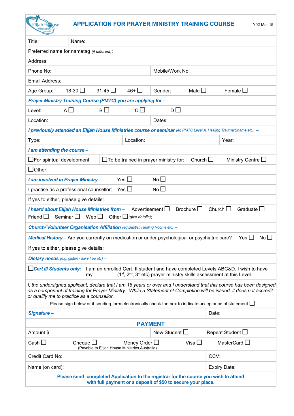 Application for Prayer Ministry Training Course