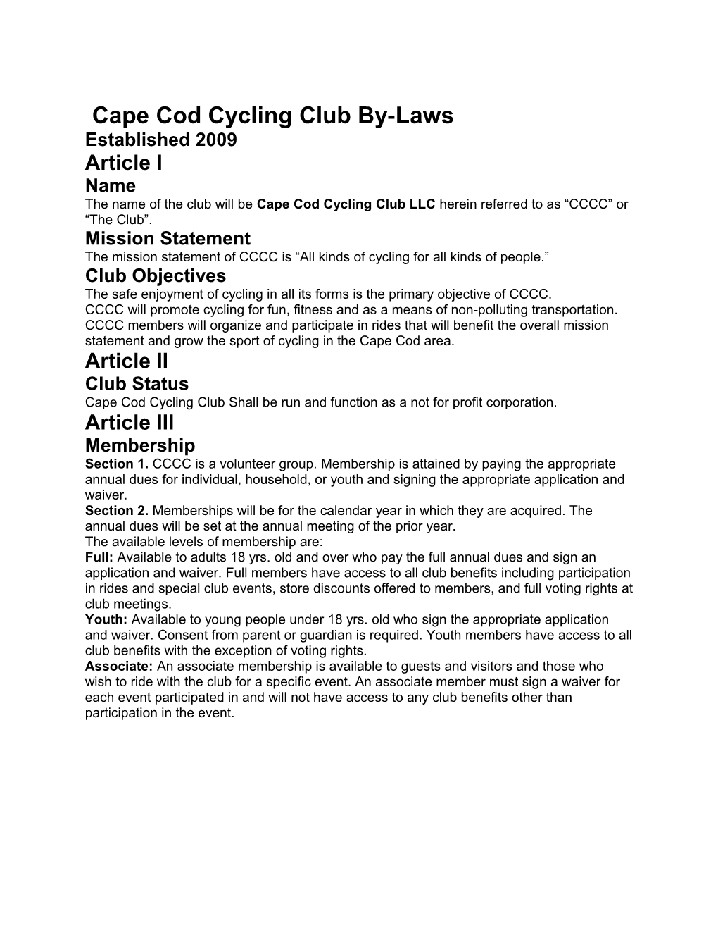 Cape Cod Cycling Club By-Laws