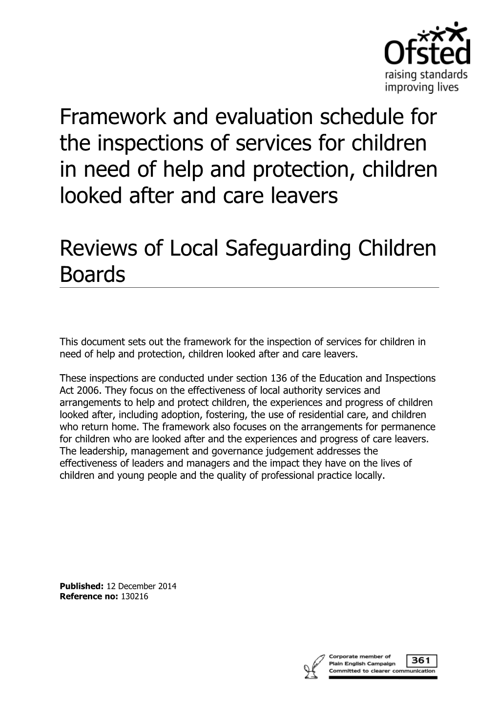 Framework and Evaluation Schedule - Inspection of LA Children's Services