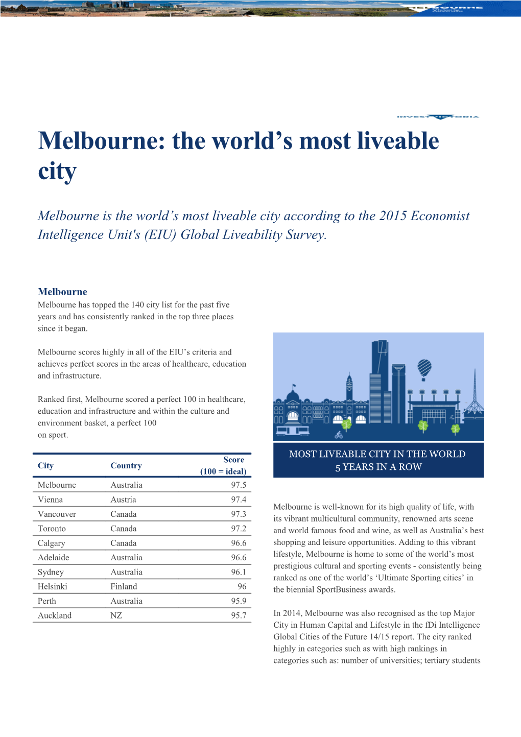Melbourne: the World S Most Liveable City