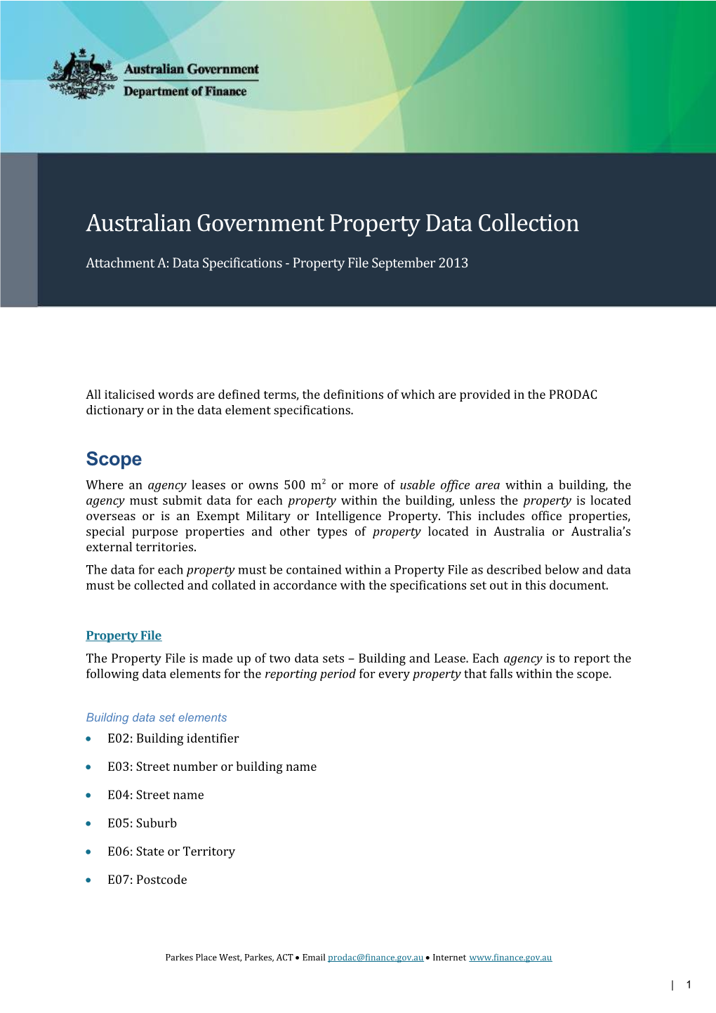Australian Government Property Data Collection - Attachment A: Data Specifications - Property