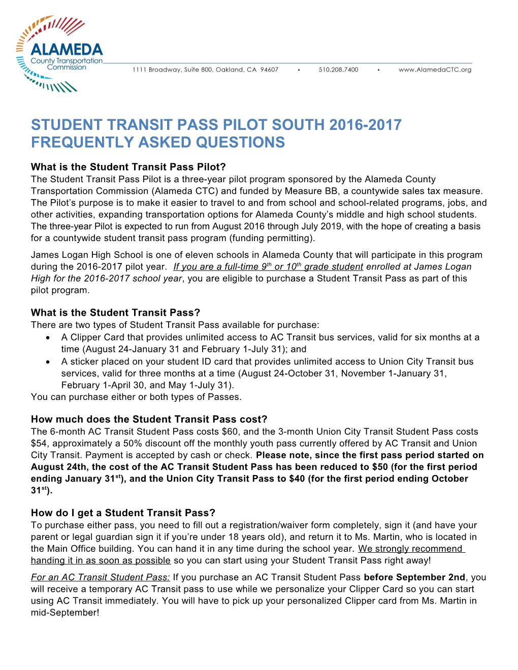 STUDENT TRANSIT PASS PILOT South 2016-2017