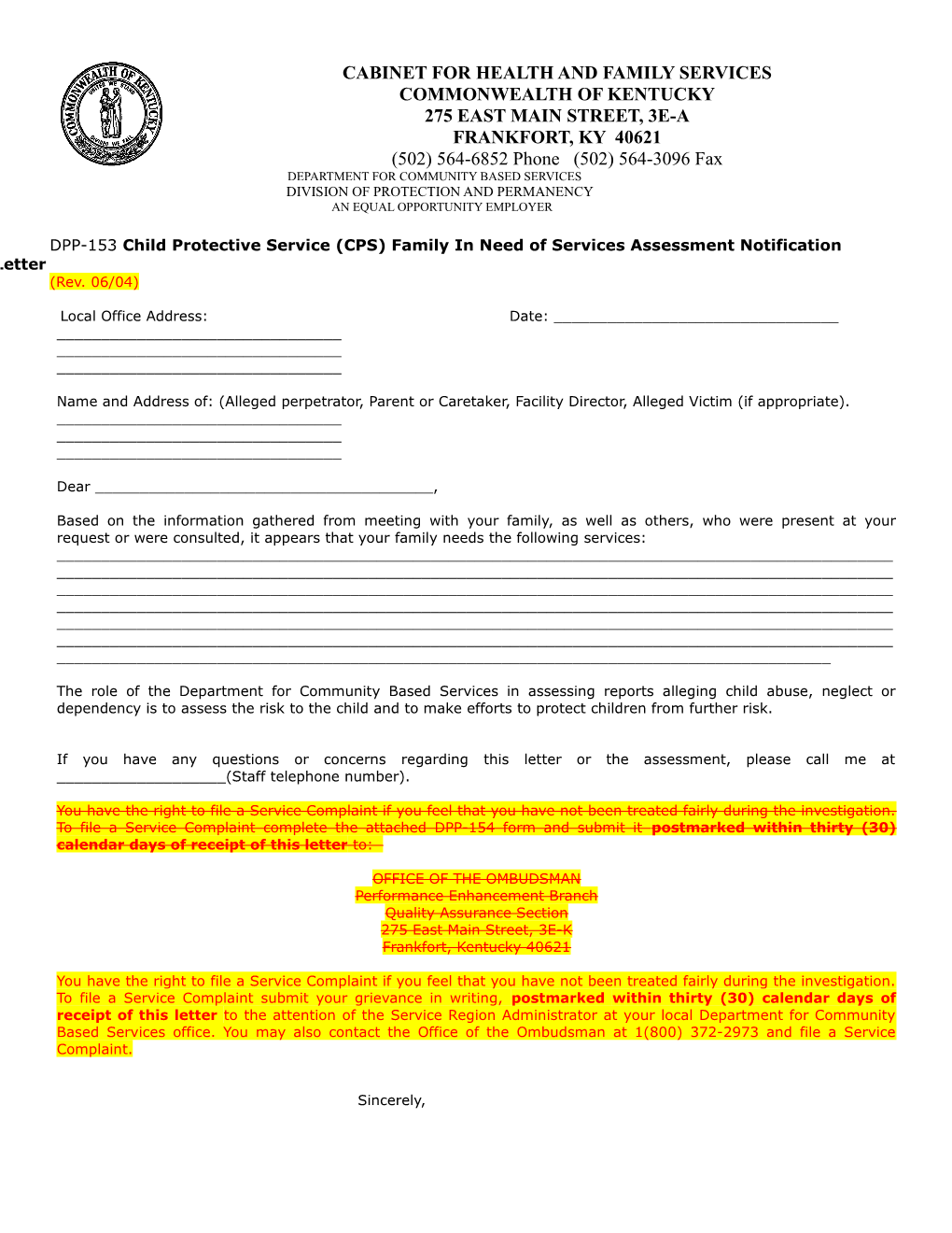 DPP-153 Child Protective Service (CPS) Family in Need of Services Assessment Notification