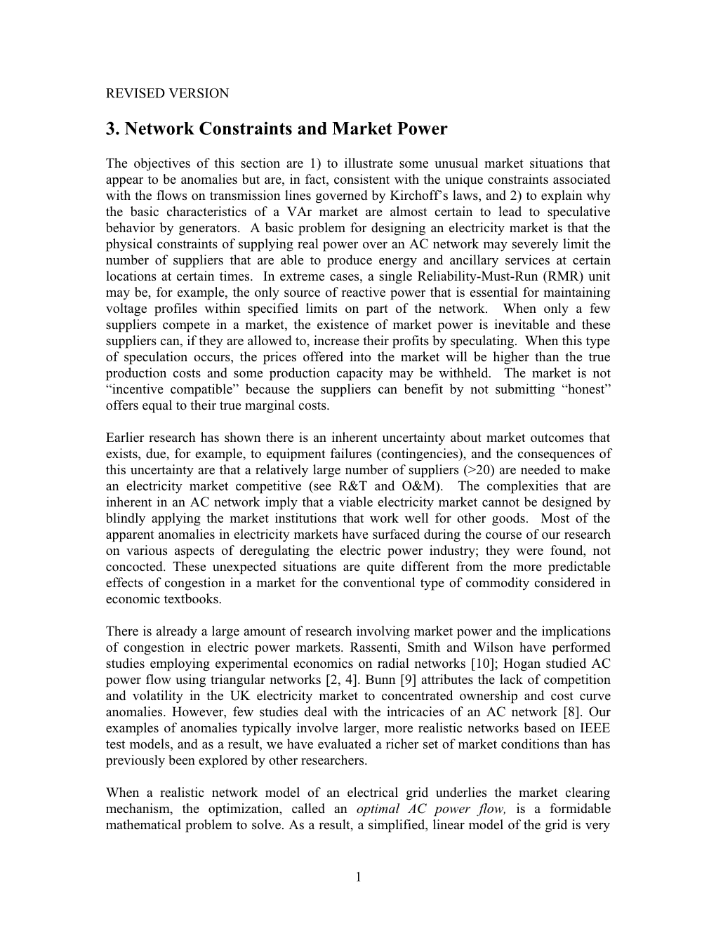 3. Network Constraints and Market Power
