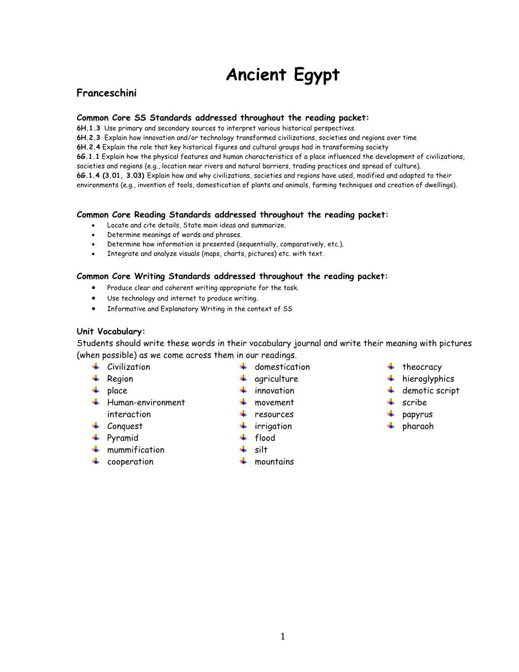 Common Core SS Standards Addressed Throughout the Reading Packet