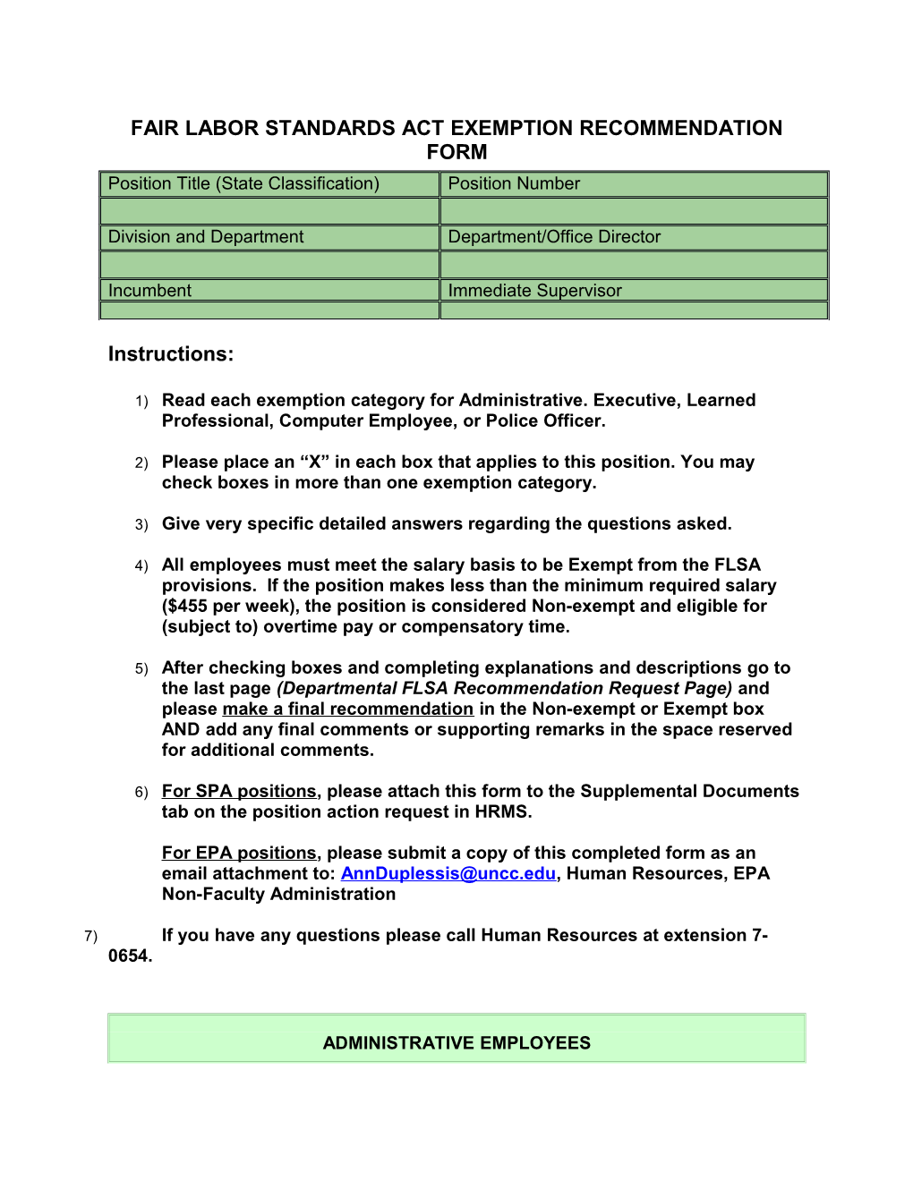 FAIR LABOR STANDARDS ACT EXEMPTION RECOMMENDATION FORM Top of Form