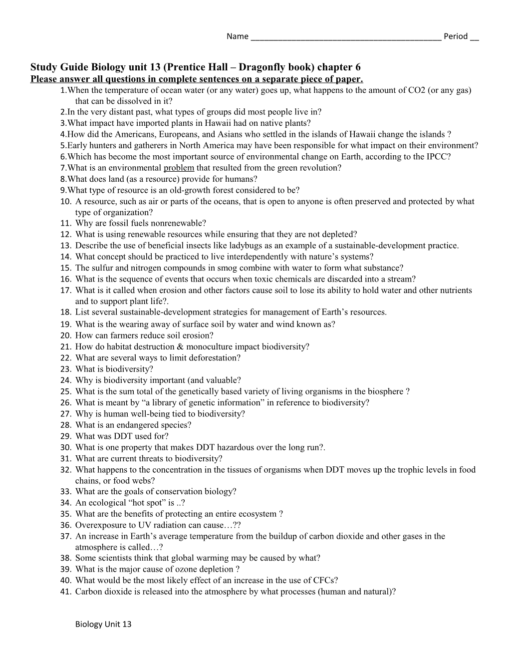 Study Guide Biology Unit 13 (Prentice Hall Dragonfly Book) Chapter 6