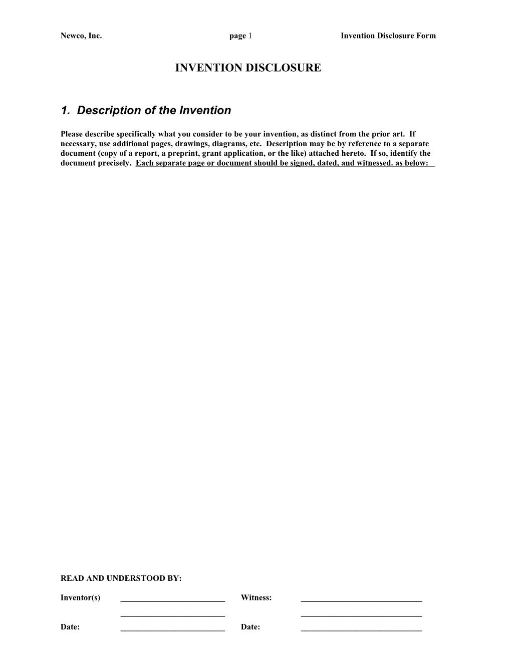 Newco, Inc.Page 1Invention Disclosure Form