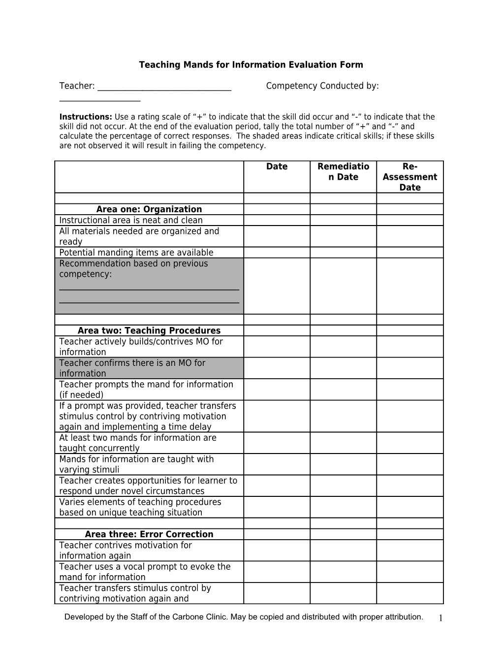 Teaching Tacting Evaluation Form