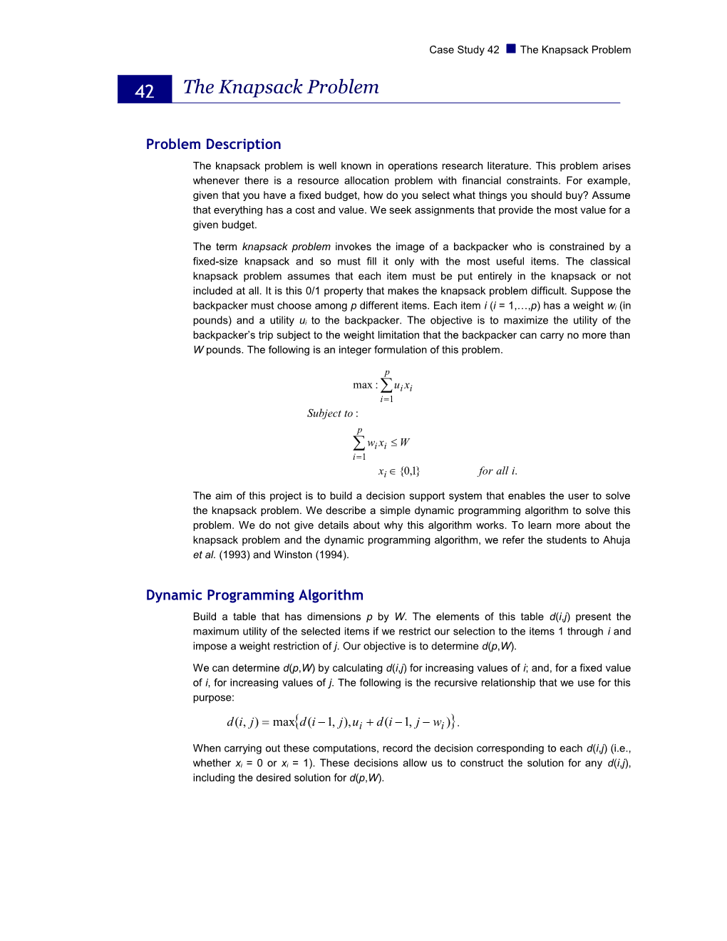 Case Study 42 the Knapsack Problem