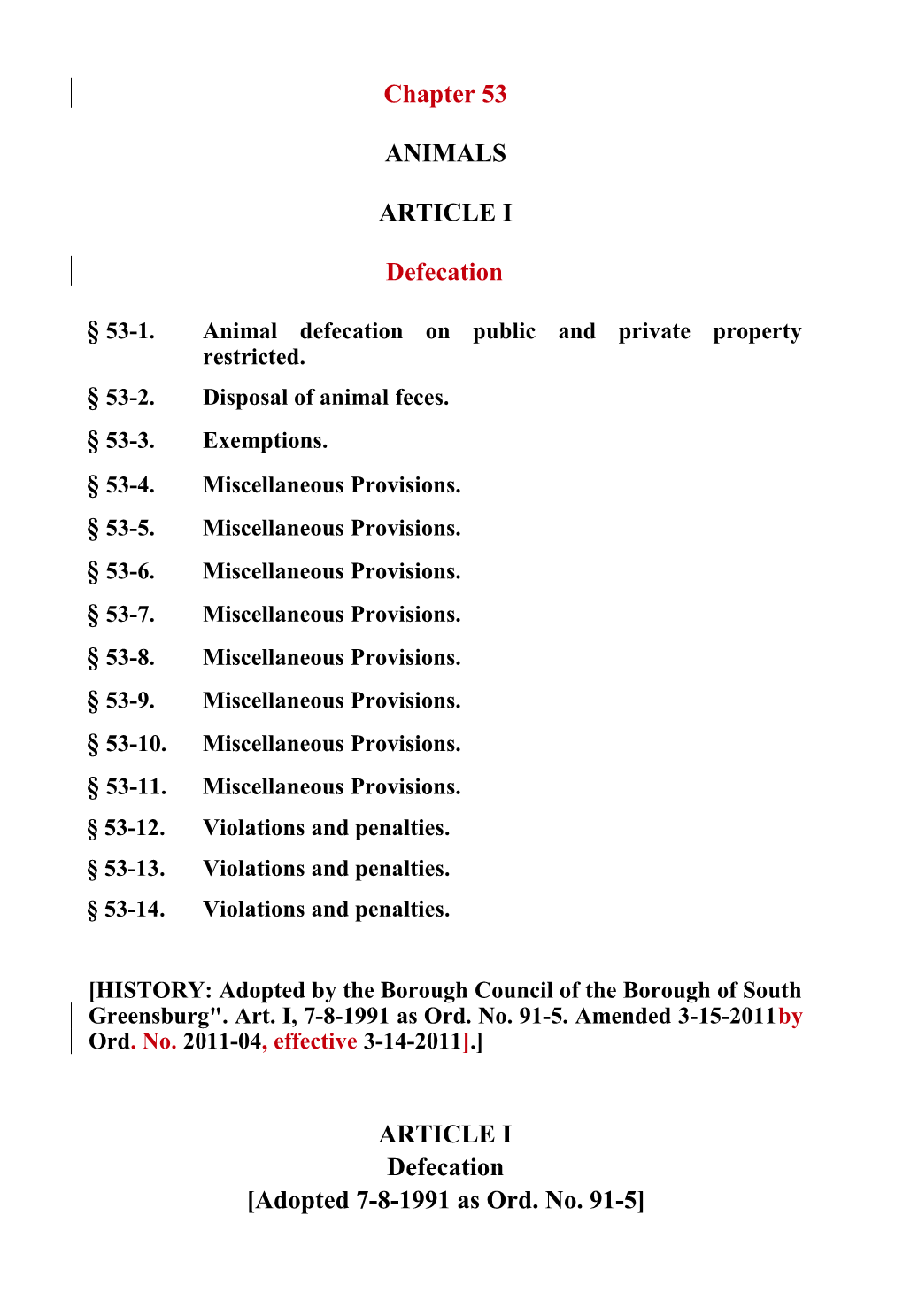 53-1.Animal Defecation on Public and Private Property Restricted