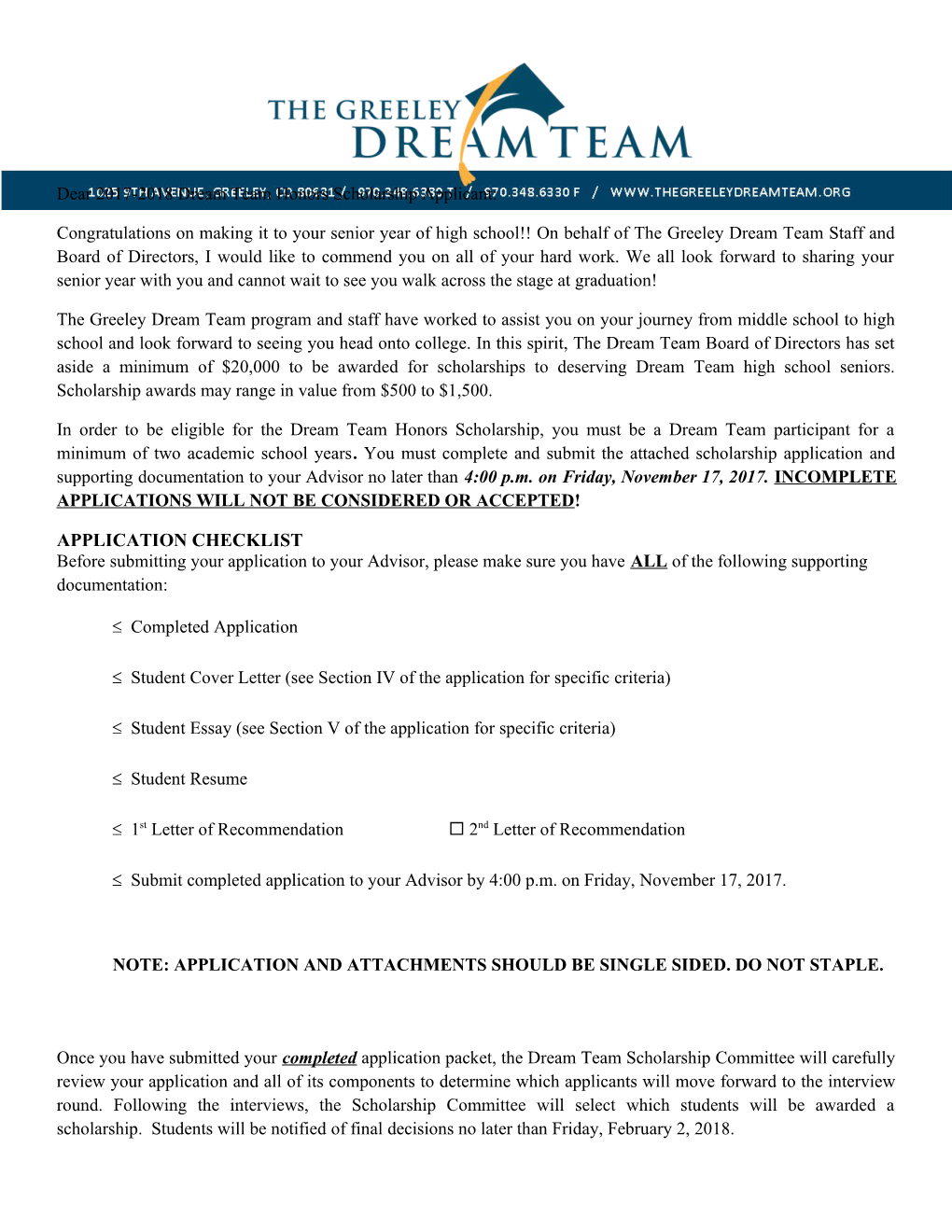 Dear 2017-2018 Dream Team Honors Scholarship Applicant