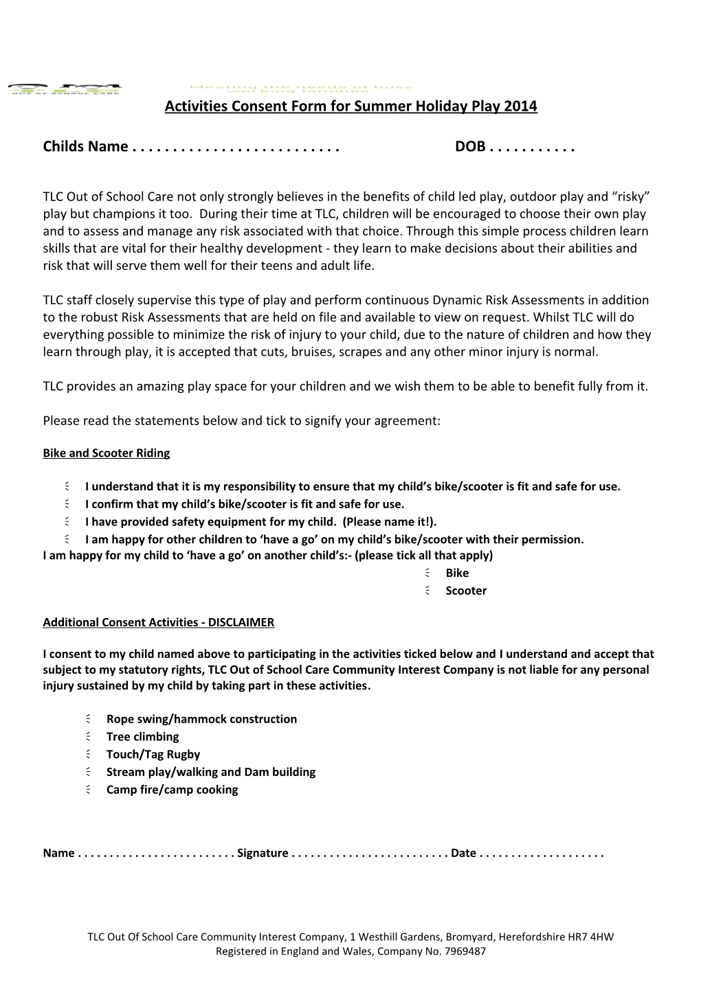 Activities Consent Form for Summer Holiday Play 2014