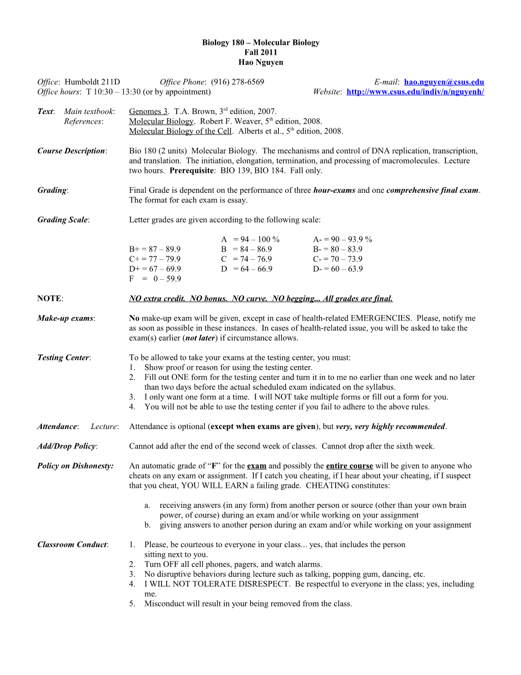 Biology 180 Molecular Biology